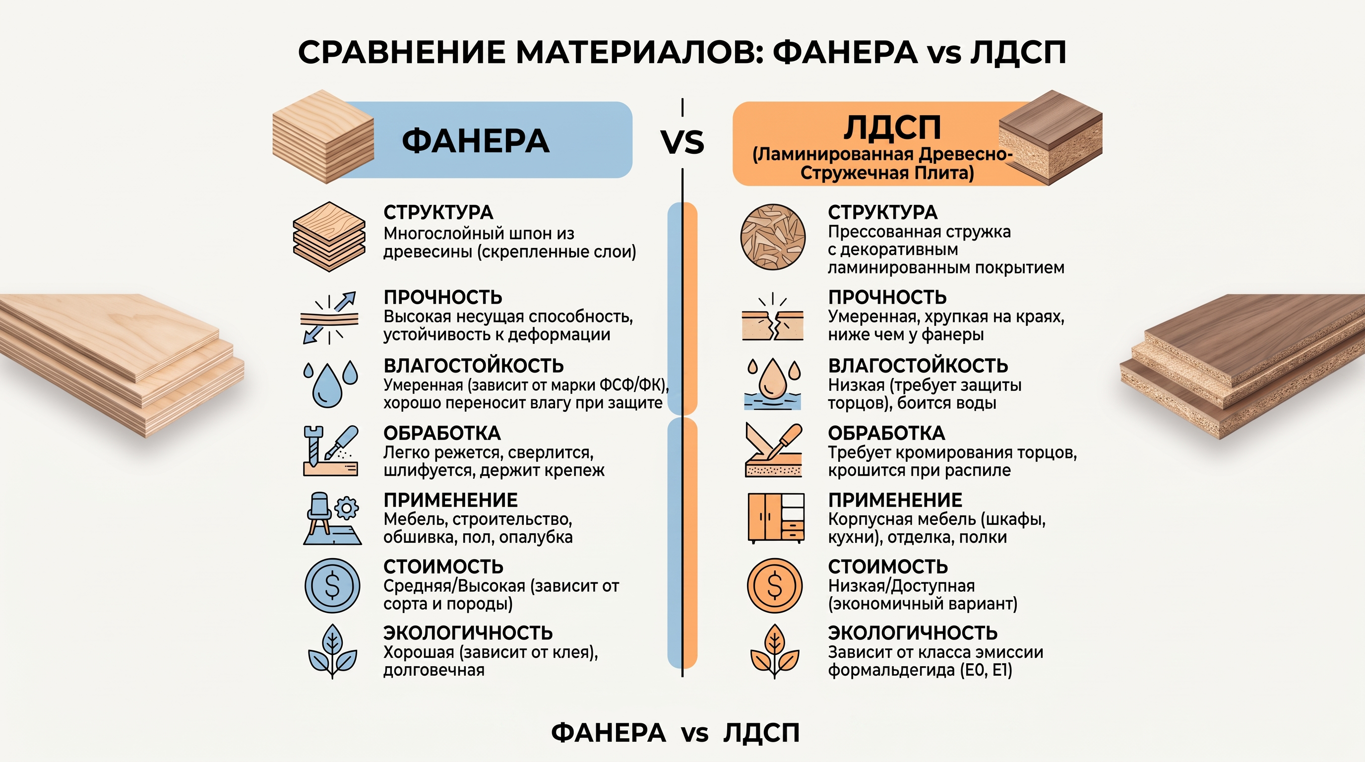 Сравнение фанеры и ЛДСП по структуре, прочности, влагостойкости, обработке, стоимости и области применения