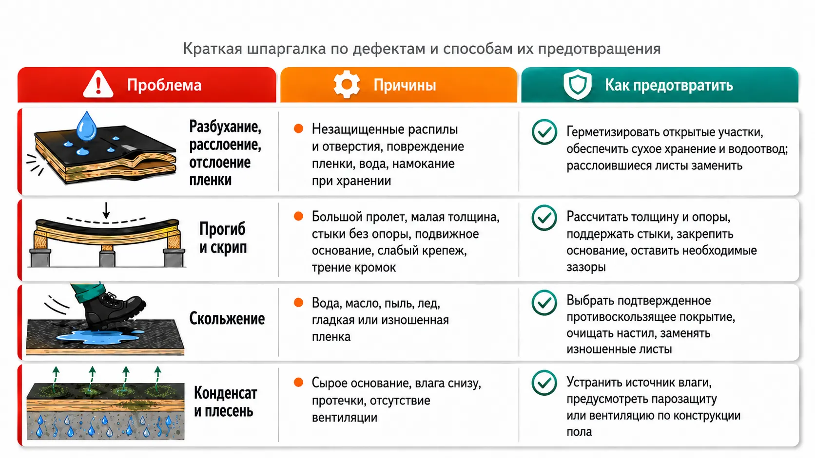 Причины разбухания, прогиба, скрипа, скольжения и появления плесени на полу из ламинированной фанеры