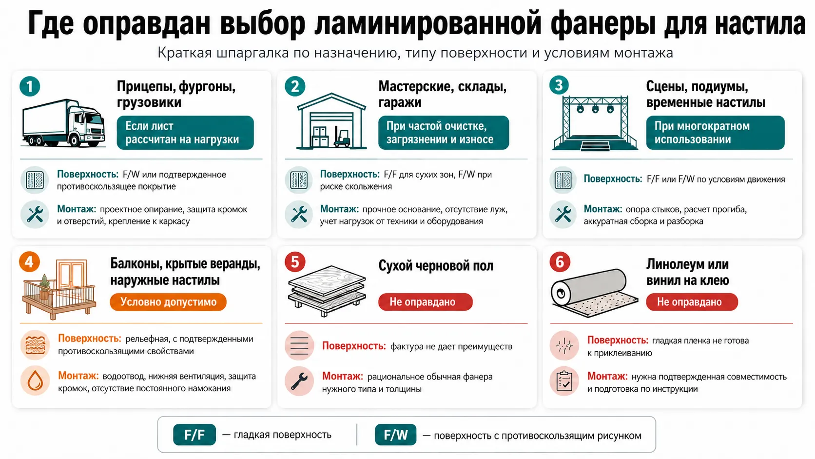 Области применения ламинированной фанеры для пола и настила с учетом типа поверхности F/F и F/W, нагрузок и условий эксплуатации