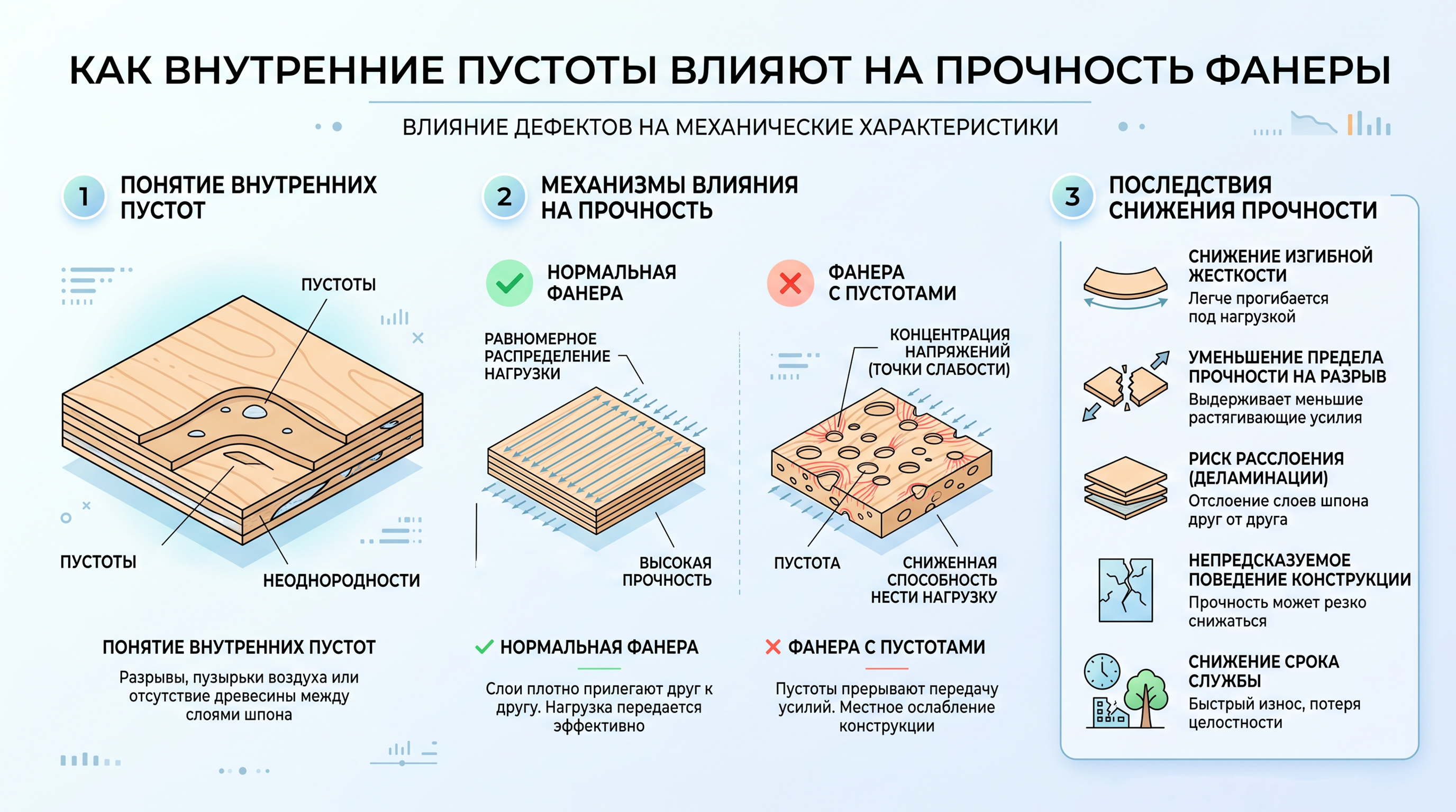 Внутренние пустоты и дефекты слоев фанеры снижают прочность на изгиб, нарушают передачу нагрузки и повышают риск расслоения листа